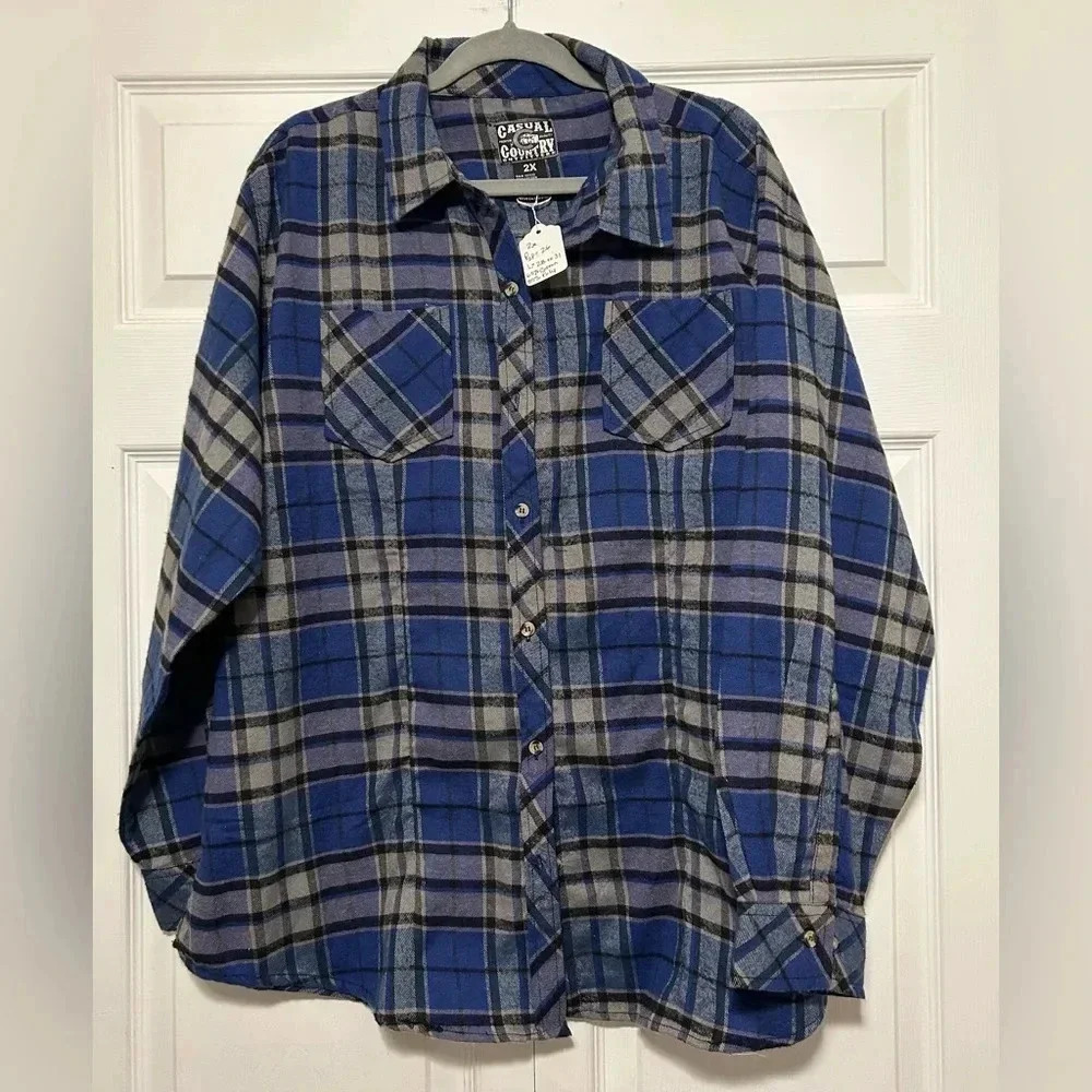 2X Country Outfitters Blue Plaid Men's Long Sleeve Flannel Button Down Shirt